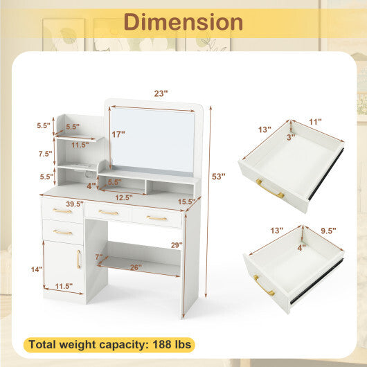 39.5 Inch Vanity Desk with Power Outlets and Mirror for Bedroom-White W2B