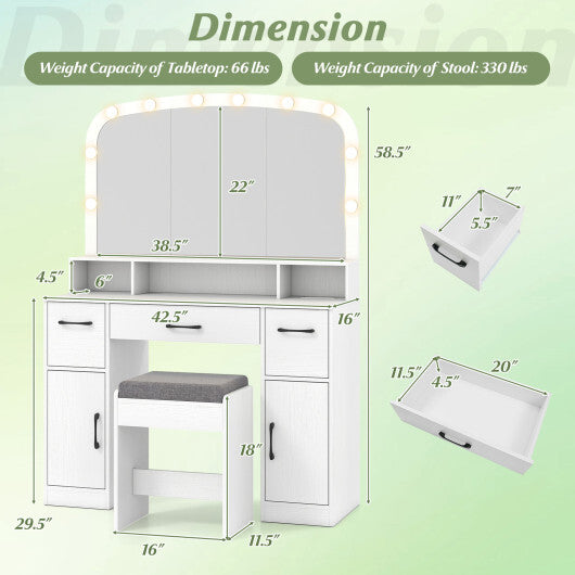 Vanity Desk Makeup Table with Stool 3-Color Lights and Charging Station-Rustic Brown