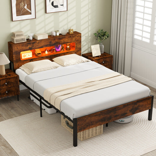 Slatted Full Bed Frame with LED Lights and Storage Headboard No Box Spring Needed-Full Size W2B