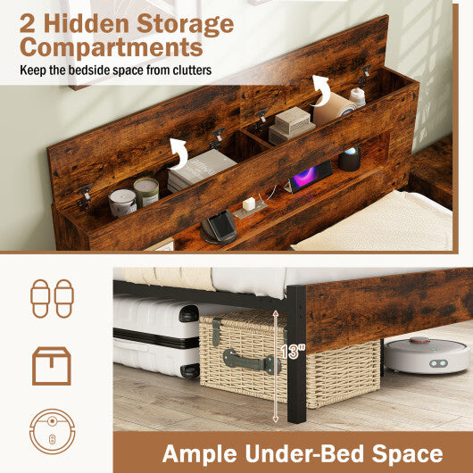 Slatted Full Bed Frame with LED Lights and Storage Headboard No Box Spring Needed-Full Size W2B