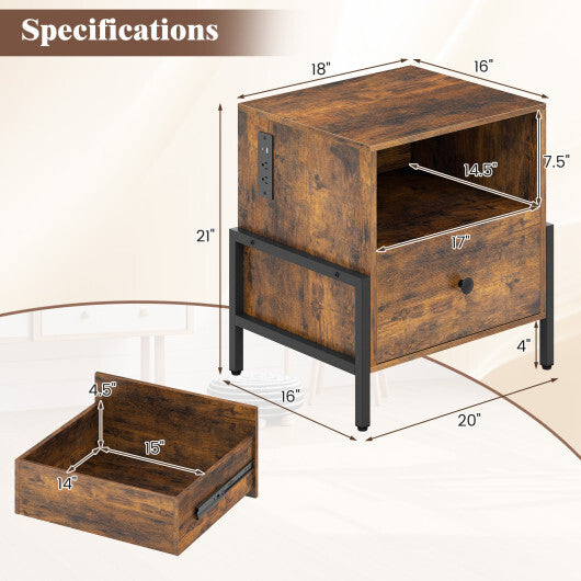 Nightstand with Charging Station and Drawer Sofa Side Table-Rustic Brown W2B