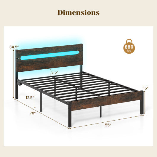 Heavy-Duty Metal Slats Support Bed Platform with Charging Station-Walunt