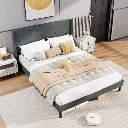 Queen Size Upholstered Bed Frame with Button Tufted Wingback Headboard and Wooden Slats Support Mattress Foundation-Gray W2B