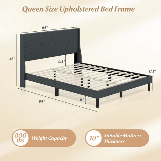 Queen Size Upholstered Bed Frame with Button Tufted Wingback Headboard and Wooden Slats Support Mattress Foundation-Gray W2B