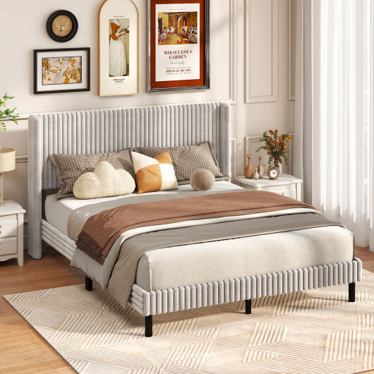 Queen Size Velvet Bed Frame with Vertical Channel Tufted Wingback Headboard-White W2B