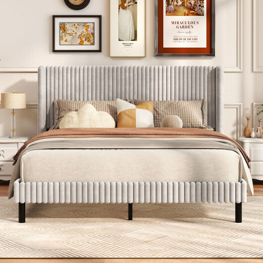 Queen Size Velvet Bed Frame with Vertical Channel Tufted Wingback Headboard-White W2B