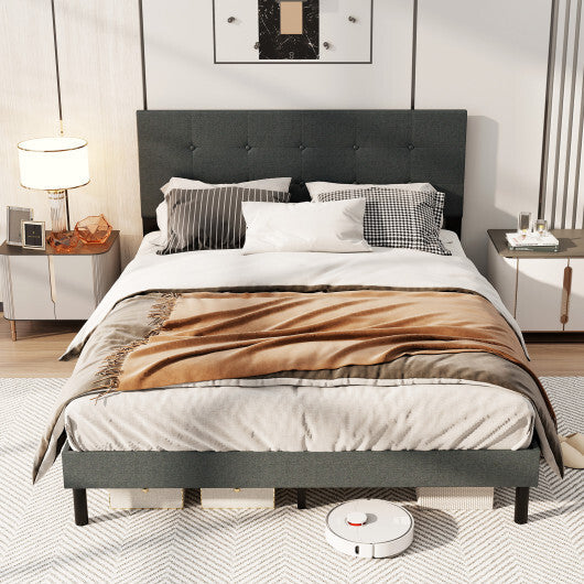 Queen Size Upholstered Bed Frame Linen Platform Bed-Dark Gray W2B