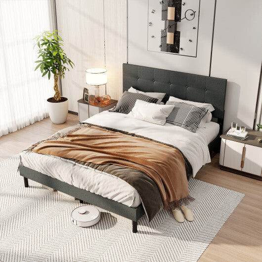Queen Size Upholstered Bed Frame Linen Platform Bed-Dark Gray W2B