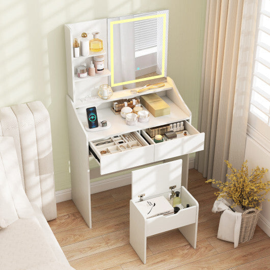 Vanity Desk LED Lighted Makeup Table with 3 Color Modes-White W2B