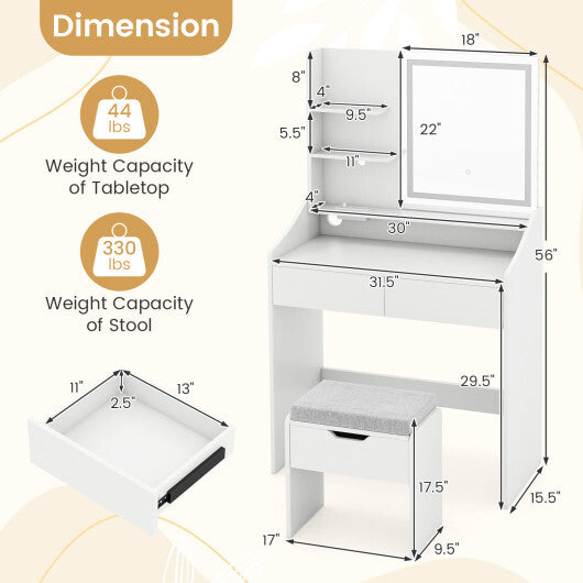 Vanity Desk LED Lighted Makeup Table with 3 Color Modes-White W2B
