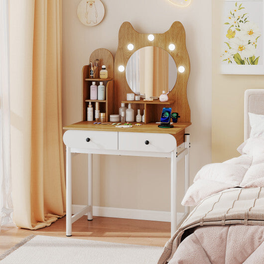 Small Vanity Desk with Mirror and Lights Cute Kitty Makeup Table with Power Outlets-Natural W2B