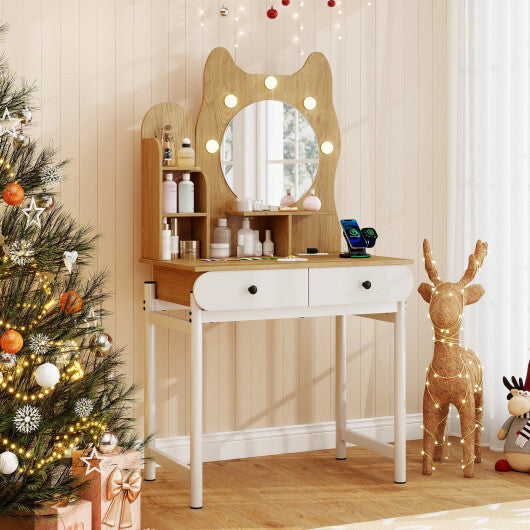 Small Vanity Desk with Mirror and Lights Cute Kitty Makeup Table with Power Outlets-Natural W2B