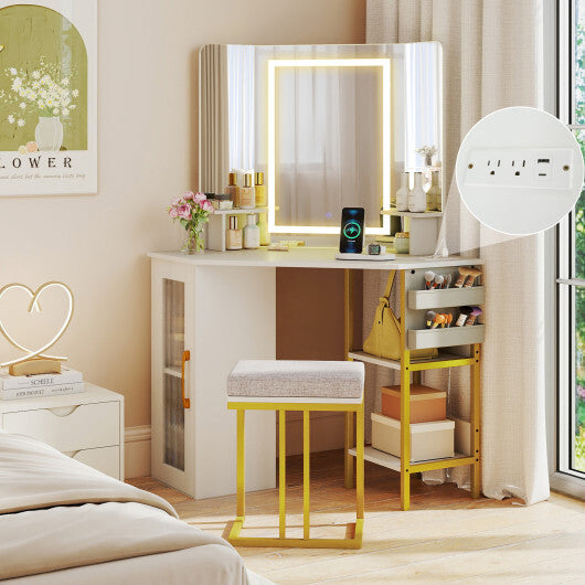 Corner Vanity Desk with Mirror and Lights Makeup Dressing Table with Triple Mirror-White