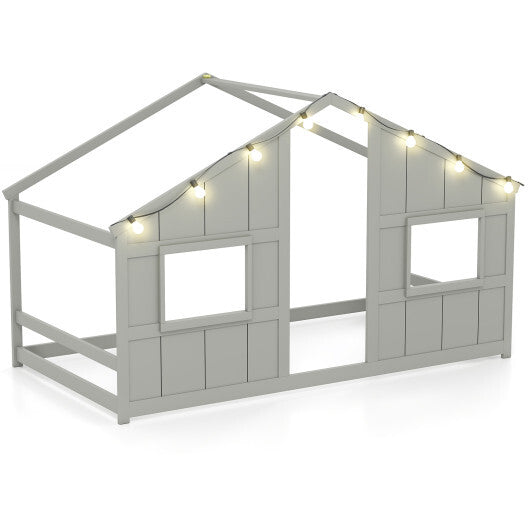 Twin Size House Bed with LED Lights Montessori Slat-free Floor Bed-Natural