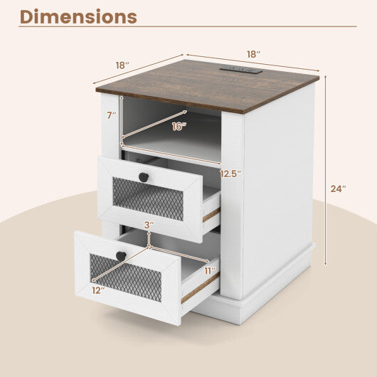 Nightstand with Charging Station and 2 Drawers Storage Compartment for Bedroom-Rustic Brown W2B