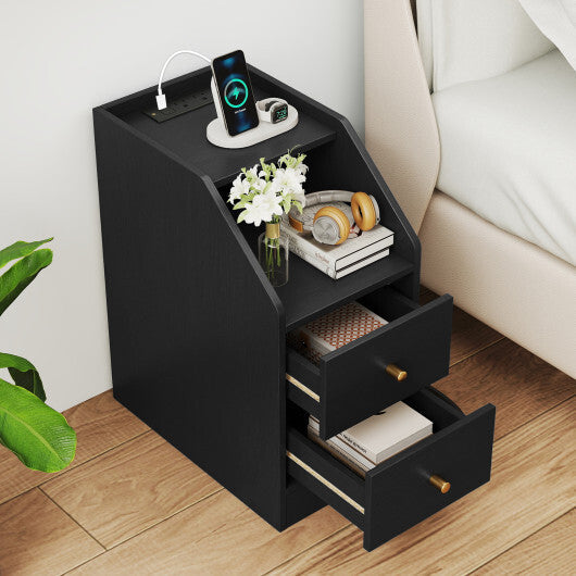 Side End Table with Charging Station Sofa Couch Table with Shelf Drawers-Black W2B