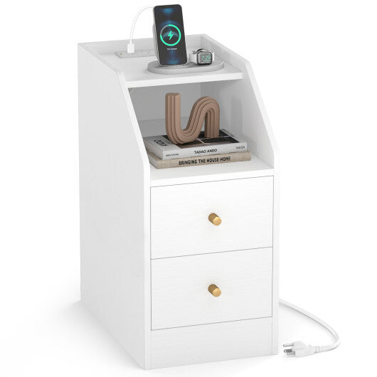 Side End Table with Charging Station Sofa Couch Table with Shelf Drawers-Black W2B