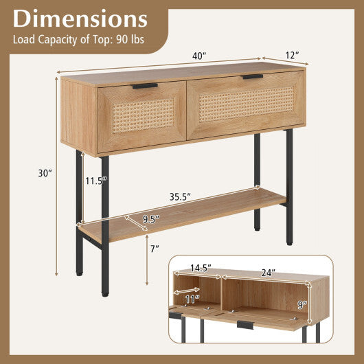 Rattan Console Table with 2 Storage Cabinets Shelf Carbon Steel Frame-Black W2B