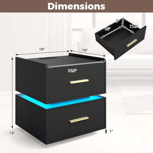 Nightstand with Charging Station LED Bedside Table with 2 Storage Drawers-White W2B