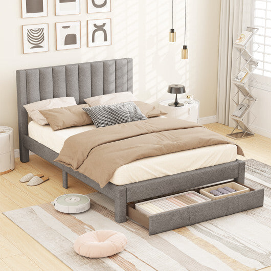 Queen Size Bed Frame with Storage Drawer and Vertical Channel Headboard-Gray W2B