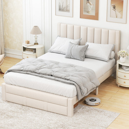 Queen Size Bed Frame with Storage Drawer and Vertical Channel Headboard-Gray W2B