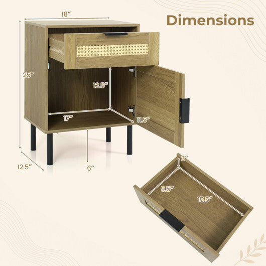 Set of 2 Rattan Nightstand with Drawer and Storage Cabinet for Bedroom Dorm-Natrual W2B