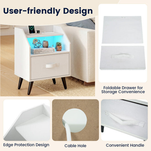 Set Of 2 Nightstands with LED Lights and Power Outlets for Living Room-White W2B