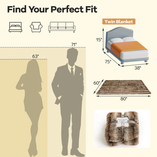 780GSM Soft Plush Fuzzy Luxury Faux Fox Fur Blanket for Sofa-Brown