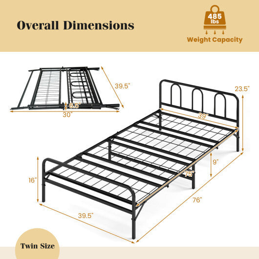 Heavy Duty Metal Twin Foldable Bed Frame with Headboard & Footboard-Black W2B