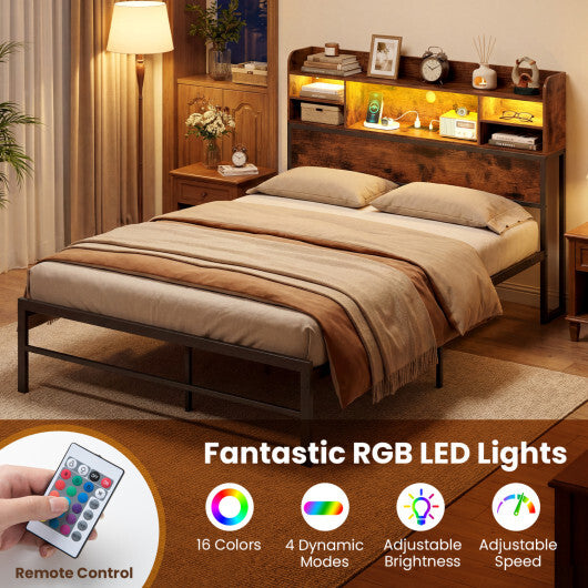 Full Size Bed Frame with Headboard LED Lights and Charging Station-Rustic Brown W2B