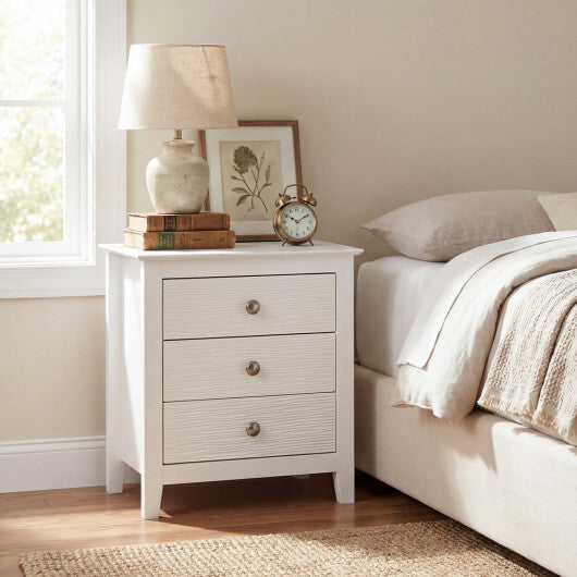 Modern Farmhouse 3-Drawer NightStand with Wood Grain Accents and Sleek Knobs-White W2B