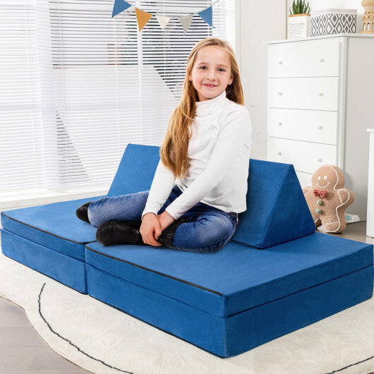 4-Piece Convertible Kids Couch Set with 2 Folding Mats-Blue W2B