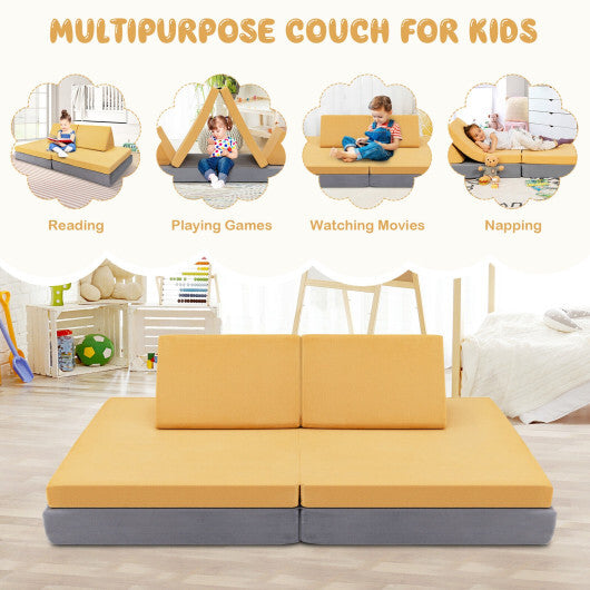 4-Piece Convertible Kids Couch Set with 2 Folding Mats-Blue W2B