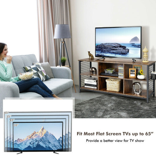 Mid-Century Wooden TV Stand with Storage Basket for TVs up to 65 Inch-Rustic Brown W2B
