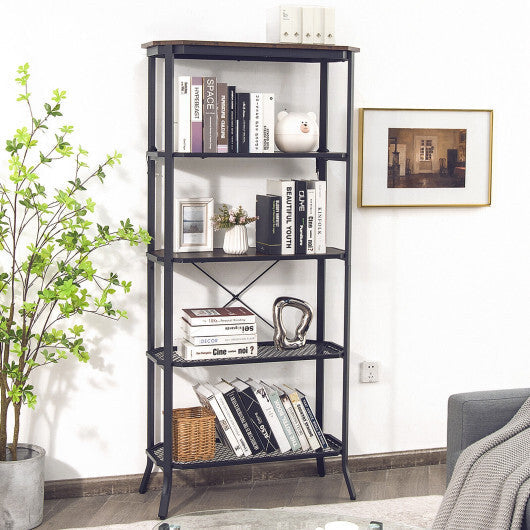 Industrial 5-Layer Bookshelf with Out-Stretched Legs-Rustic Brown W2B