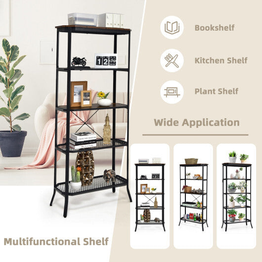 Industrial 5-Layer Bookshelf with Out-Stretched Legs-Rustic Brown W2B