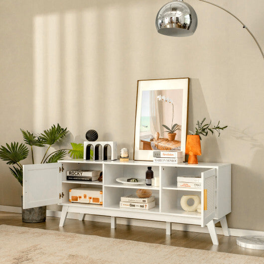 TV Stand Entertainment Media Console with 2 Rattan Cabinets and Open Shelves-White W2B