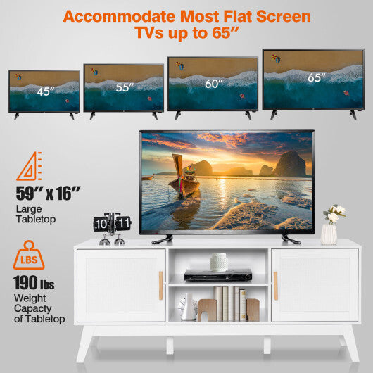 TV Stand Entertainment Media Console with 2 Rattan Cabinets and Open Shelves-White W2B