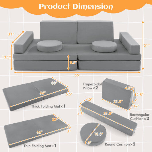 10-Piece Kids Play Couch Sofa with Portable Handle-Gray W2B