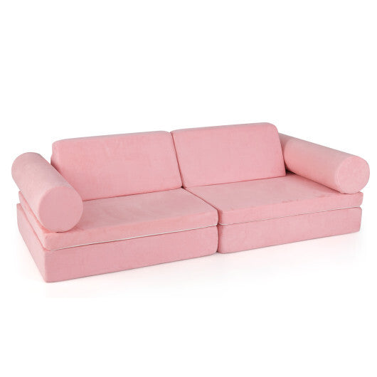 8 Pieces Kids Play Couch Foam Building Fort Play Set with Suede Cover-Pink W2B
