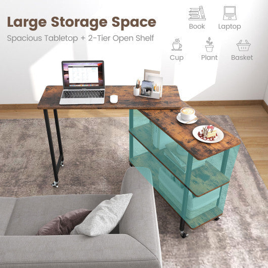 Patented 360? Rotating Sofa Side Table with 2-Tier Storage Shelves-Rustic Brown W2B
