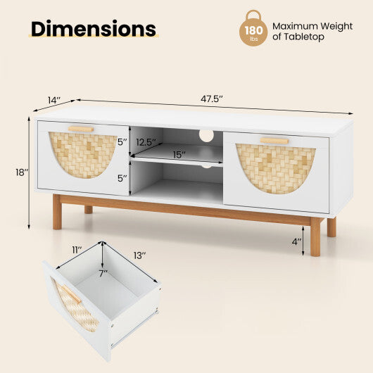 Mid Century Modern TV Stand Entertainment Center for 55-Inch TV with 2 Drawers and Bamboo Woven Fronts-White W2B