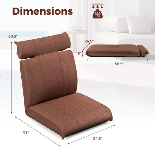Folding Floor Chair with 14-Poistion Adjustable Backrest and 5-Position Adjustable Headrest-Brown W2B