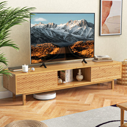 63 Inches Mid Century Modern Bamboo TV Stand with Sliding Doors-Natural W2B