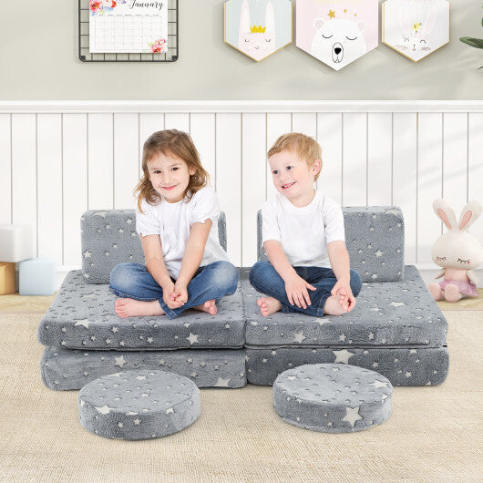 Modular Kids Play Couch Set Glow in the Dark with Portable Handles-Gray W2B