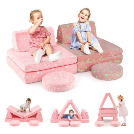Modular Kids Play Couch Set Glow in the Dark with Portable Handles-Gray W2B