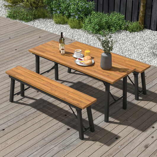 Folding Picnic Table Acacia Wood Dining Table with Metal Frame for Indoor Outdoor Activities W2B