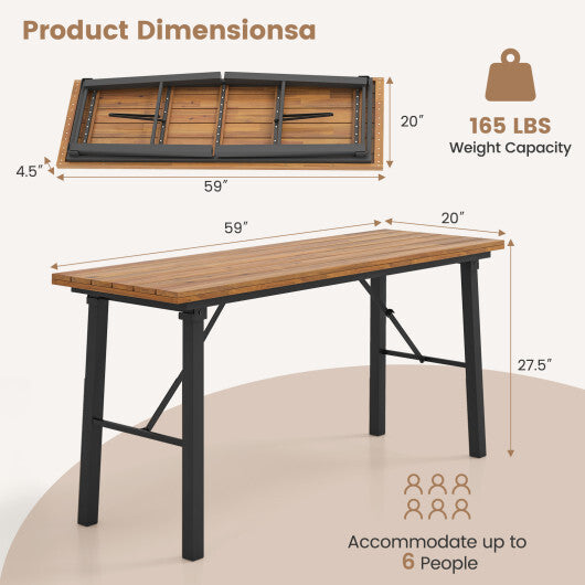 Folding Picnic Table Acacia Wood Dining Table with Metal Frame for Indoor Outdoor Activities W2B