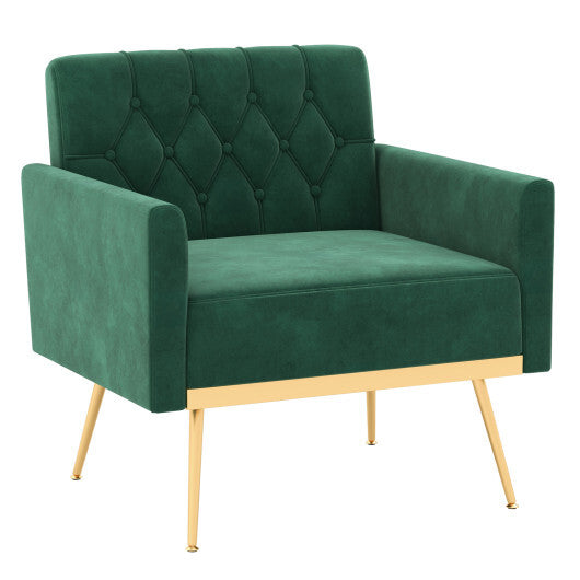 Modern Velvet Accent Chair with Button Tufted Back Golden Metal Legs and Adjustable Foot Pads-Green
