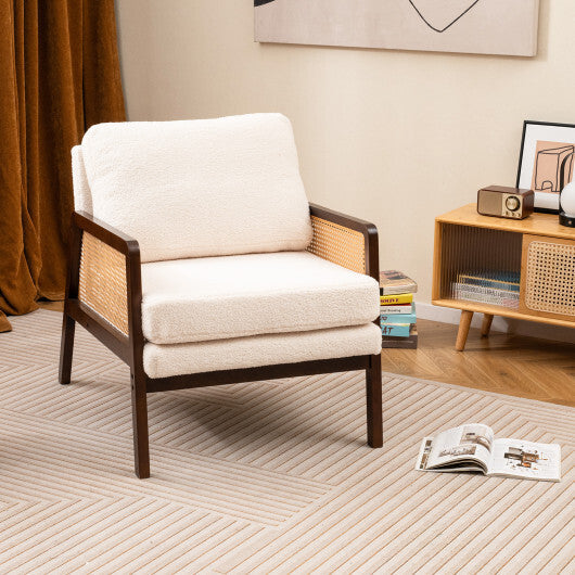 Mid Century Modern Accent Chair with Rattan Arms and Cushion-Natural W2B